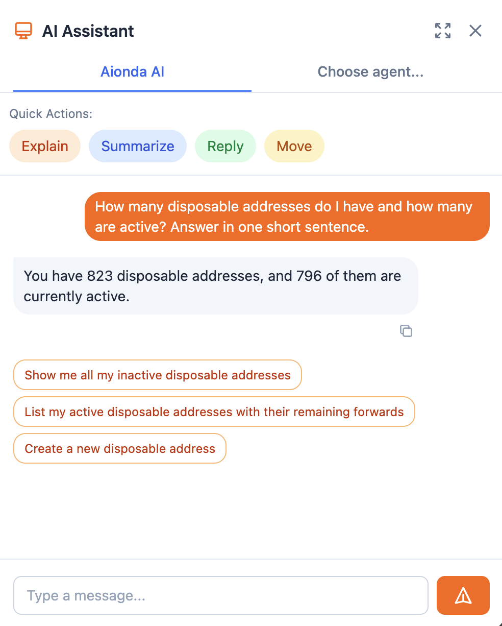 Aionda Mail AI assistant answering a question about disposable addresses
