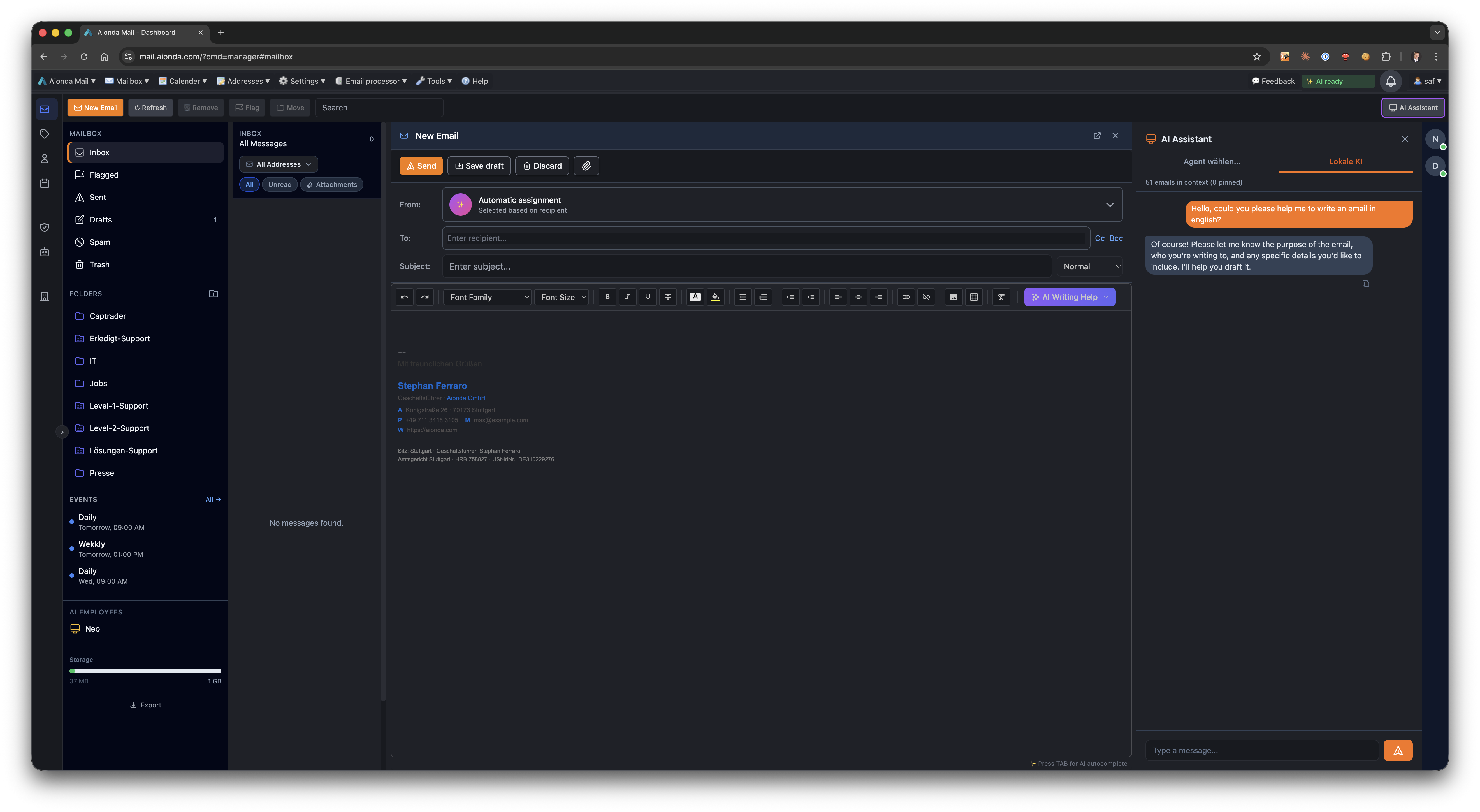 Aionda Mail Enterprise Dashboard — Team Management, Shared Folders, Usage Statistics