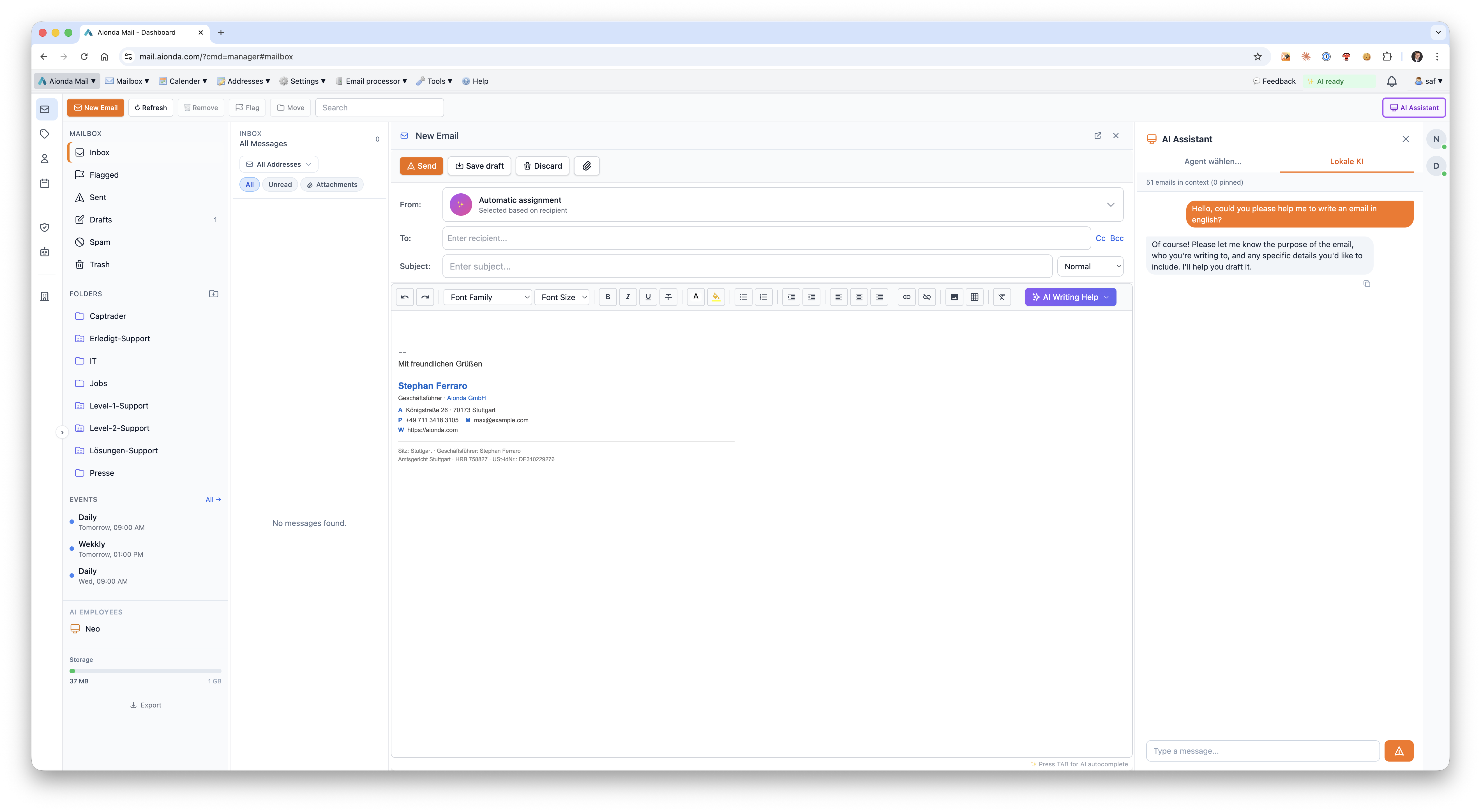 Aionda Mail Enterprise Dashboard — Team Management, Shared Folders, Usage Statistics